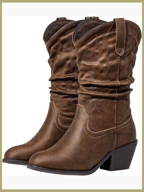 Wide Width Short Cowboy Boots, Almond Toe, Embroidery, Chunky Heel, Pull-On